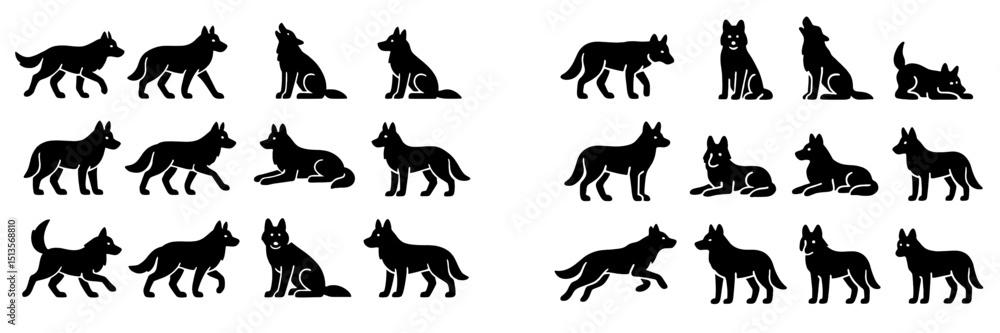 Fototapeta premium Silhouettes of different wolf poses capturing their movement and behavior in a dynamic arrangement