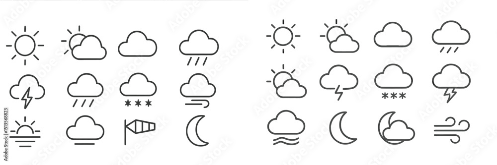 Weather icons showing sunny, rainy, and stormy conditions in a simple line art design Weather icons showing sunny, rainy, and stormy conditions in a simple line art design