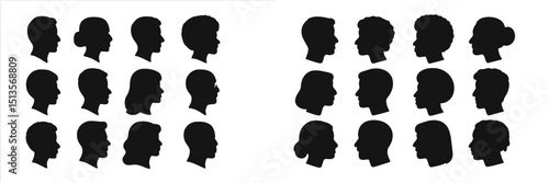 Collection of diverse silhouette profiles displaying various hairstyles and facial features in contrasting colors and arrangements
