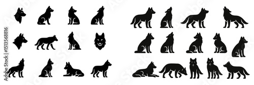 Various silhouettes of wolves displayed in different poses and perspectives in a monochromatic design