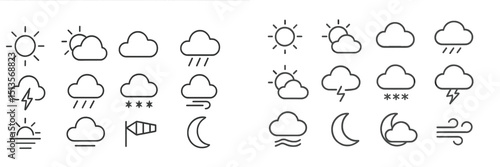 Weather icons showing sunny, rainy, and stormy conditions in a simple line art design