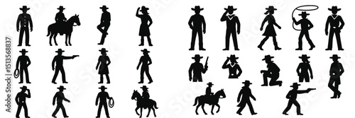 Silhouette collection of cowboys and cowgirls engaged in various activities in a western setting