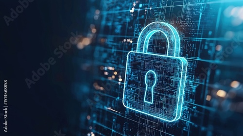 Digital security glowing padlock on circuit board