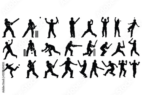 Cricket Silhouette Vector Set – Batting, Bowling, Catching, Fielding Poses Icons