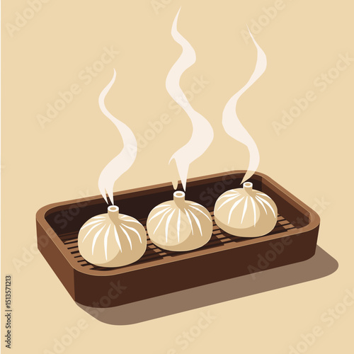 Steamed manti in a wooden basket on a beige background