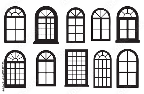 Classic arched black-framed windows with beautiful grid pattern for home decor.