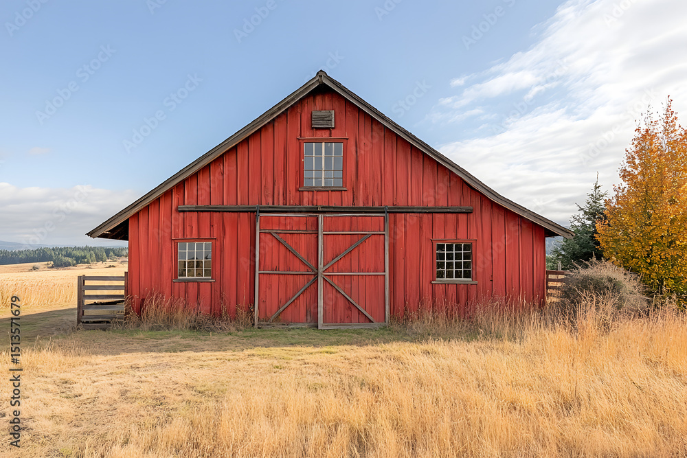 Fototapeta premium Charming country barn with red-painted walls, large wooden doors, and golden fields.