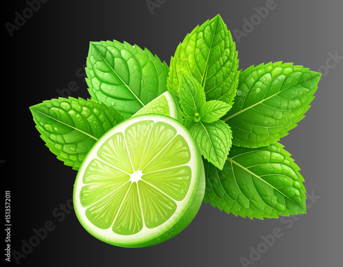 Clean and vector artwork featuring stylized green mint leaves and lime slices with subtle