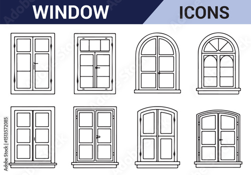 Set of black and white window designs with traditional and modern frame styles for home decor.