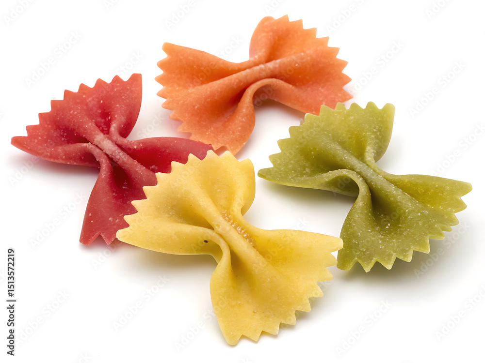 A close up shot of four colorful farfalle pasta pieces arranged on a white surface in studio lighting A close up shot of four colorful farfalle pasta pieces arranged on a white surface in studio lighting