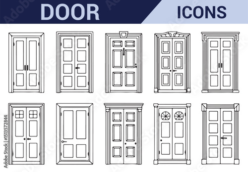 Various door styles in black and white, featuring decorative and detailed frames for architecture.