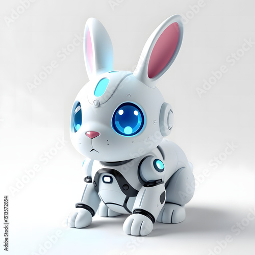 Adorable futuristic robot bunny depicted against a clean white background exemplifying technological advancement and cute robotic aesthetics