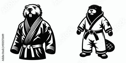 Beaver wear yudo suits. Japan Martial Arts Judo Aikido Dojo Budo Clipart Line Art Vector Illustration. Rodent costume apparel animal garb attire workout cloth.
