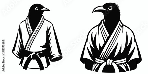 bird wear yudo suits. Japan Martial Arts Judo Aikido Dojo Budo Clipart Line Art Vector Illustration. Avian apparel attire for winged creature unique fowl garment.