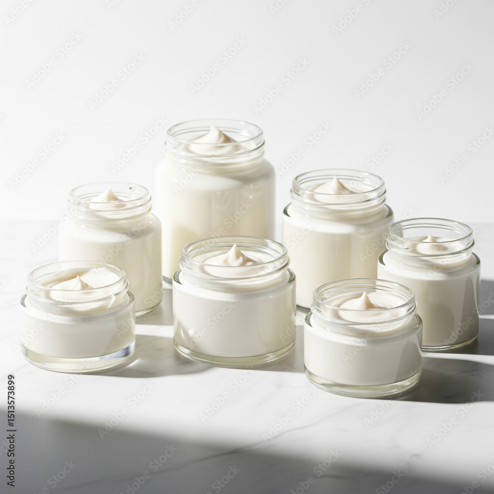Studio shot of assorted glass jars filled with moisturizing cream, placed on white marble with soft shadows. Clean and luxurious feel Studio shot of assorted glass jars filled with moisturizing cream, placed on white marble with soft shadows. Clean and luxurious feel