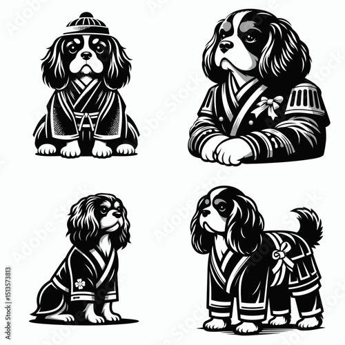 Cavalier King Charles Spaniel Dog wear yudo suits. Japan Martial Arts Judo Aikido Dojo Budo Clipart Line Art Vector Illustration. Charming canine apparel pooch in uniform attire.