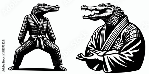 Crocodile wear yudo suits. Japan Martial Arts Judo Aikido Dojo Budo Clipart Line Art Vector Illustration. Reptile attire for combat training garb gators.