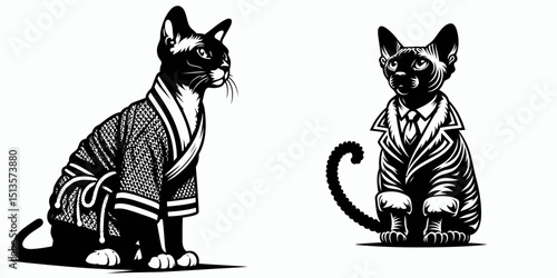 Devon Rex Cat wear yudo suits. Japan Martial Arts Judo Aikido Dojo Budo Clipart Line Art Vector Illustration. Curly feline sport formal attire costume unique pet garment.