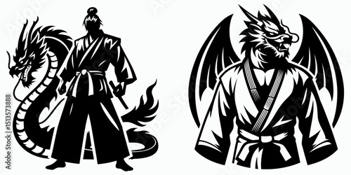 Dragon wear yudo suits. Japan Martial Arts Judo Aikido Dojo Budo Clipart Line Art Vector Illustration. Mythical creature garment uniform for oriental combat practice.