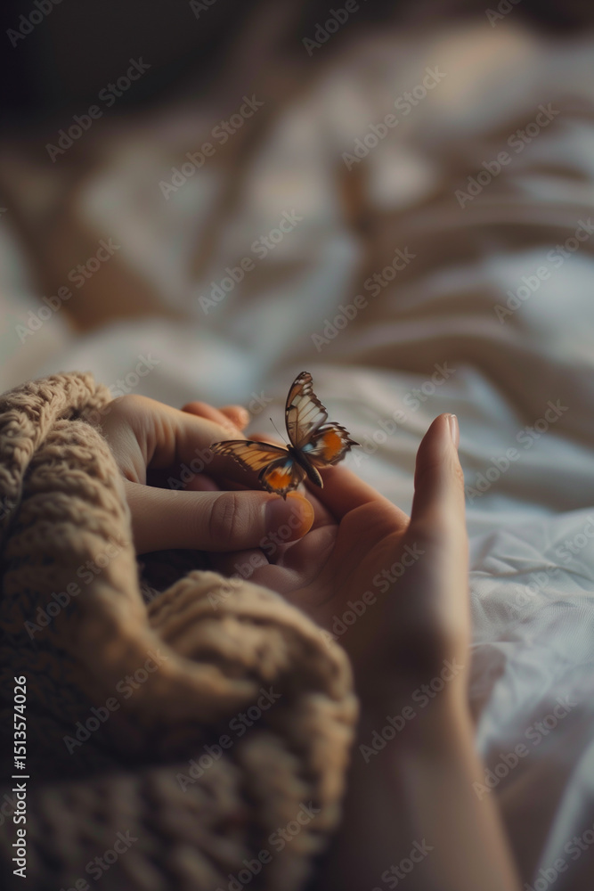 Obraz premium Delicate butterfly resting in cupped hands, conveying a sense of wonder and fragility. Soft light enhances the scene's gentle feel.