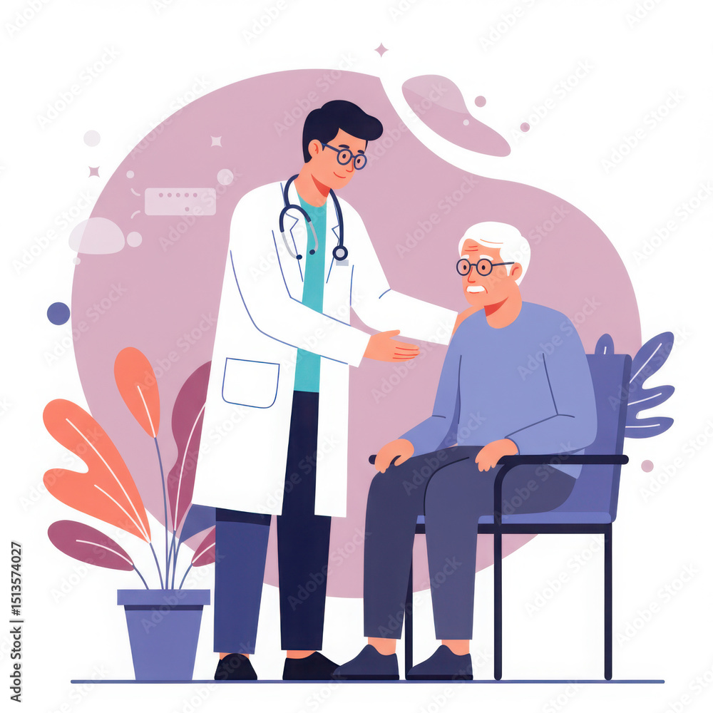 Obraz premium Doctor comforting elderly patient in modern clinic with plants 