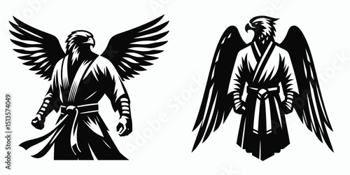 Hawk wear yudo suits. Japan Martial Arts Judo Aikido Dojo Budo Clipart Line Art Vector Illustration. Avian apparel uniform combat garment action attire.
