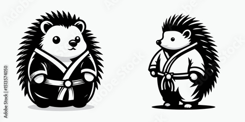 Hedgehog wear yudo suits. Japan Martial Arts Judo Aikido Dojo Budo Clipart Line Art Vector Illustration. Spiny mammal garb donning karate outfit practice apparel.