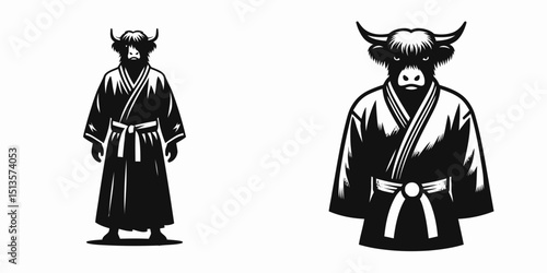 Highland Cow wear yudo suits. Japan Martial Arts Judo Aikido Dojo Budo Clipart Line Art Vector Illustration. Scottish bovine sporting attire fluffy cattle in clothing for practice.