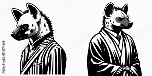 Hyena wear yudo suits. Japan Martial Arts Judo Aikido Dojo Budo Clipart Line Art Vector Illustration. Canine apparel for combat sport predator clothing.