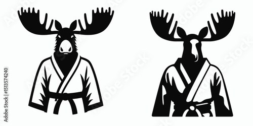 Moose wear yudo suits. Japan Martial Arts Judo Aikido Dojo Budo Clipart Line Art Vector Illustration. Elk don attire karate clothing woodland mammal form raiment.
