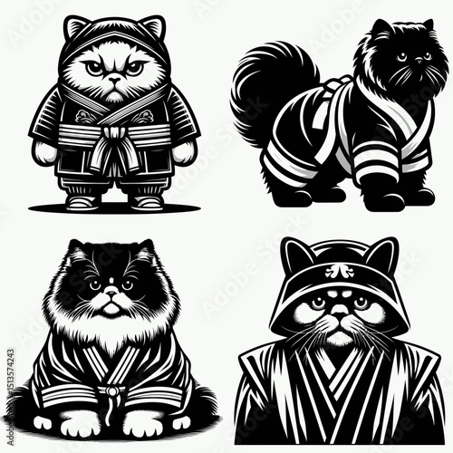 Persian Cat wear yudo suits. Japan Martial Arts Judo Aikido Dojo Budo Clipart Line Art Vector Illustration. Feline donning garment cute domestic animal in fighting dress.