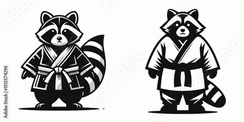 Raccoon wear yudo suits. Japan Martial Arts Judo Aikido Dojo Budo Clipart Line Art Vector Illustration. Masked mammal attire sporting costume for wildlife animal practice.