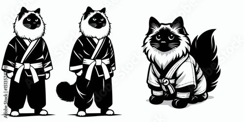 Ragdoll Cat wear yudo suits. Japan Martial Arts Judo Aikido Dojo Budo Clipart Line Art Vector Illustration. Feline in kimono dressing up a breed for costume.