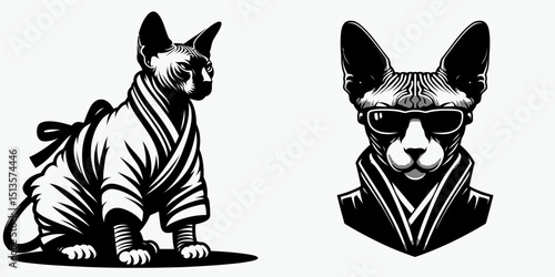 Sphynx Cat wear yudo suits. Japan Martial Arts Judo Aikido Dojo Budo Clipart Line Art Vector Illustration. Hairless feline don attire skin condition breed naked apparel.