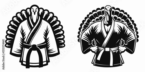 Turkey wear yudo suits. Japan Martial Arts Judo Aikido Dojo Budo Clipart Line Art Vector Illustration. Poultry donning garb ethnic formal attire for avian combat.