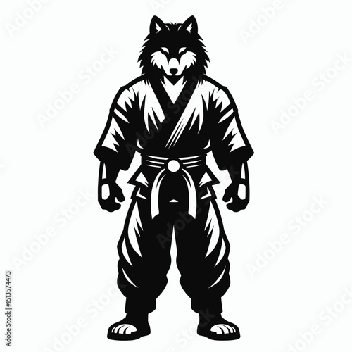 Wolf wear yudo suits. Japan Martial Arts Judo Aikido Dojo Budo Clipart Line Art Vector Illustration. Canine attire jujutsu uniform premium apparel for form and fitness.
