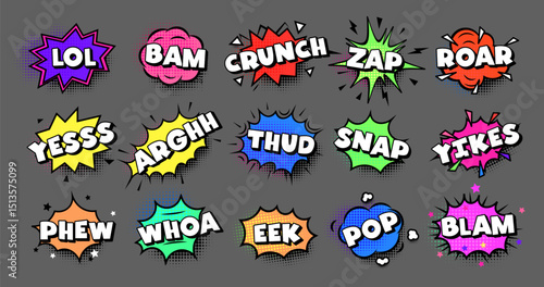 Comic sound effects LOL BAM CRUNCH ZAP in retro pop art style. Colorful expressions for memes, humor, games, kids design, dynamic punchlines. Vector illustration.