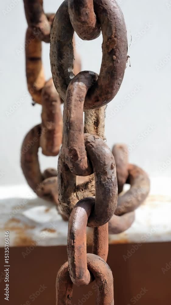 Detailed view of a weathered rusty metal chain with interlocking links, industrial aesthetic, conceptual shot on a bright background. Detailed view of a weathered rusty metal chain with interlocking links, industrial aesthetic, conceptual shot on a bright background.