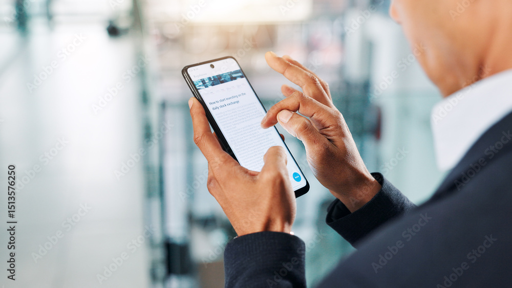custom made wallpaper toronto digitalOffice, hands and phone with screen to scroll, research information and reading on stock exchange. Closeup, business person and mobile with website for investment tips, economy and trader with tech