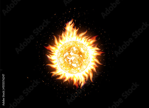 Fiery solar sphere with fire flames for global warming topic, weather alerts, wildfires, solar activity and climate impact. Vector illustration.