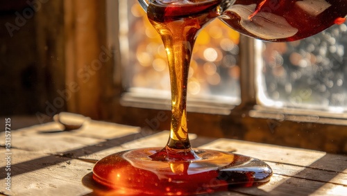 Maple Syrup Pouring on Wood Surface