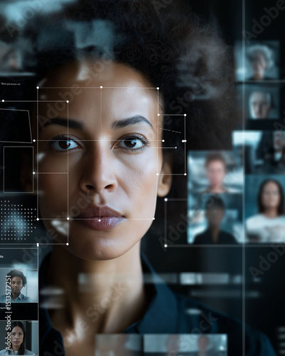 Synthetic identity fraud. Security officer analyzing AI anomalies in facial recognition technology.