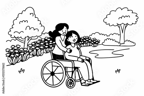 Senior on wheelchair and daughter family concept, Young asian woman smiling and embracing disabled mother on wheelchair while senior woman and daughter relaxation together in the garden