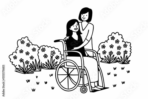Senior on wheelchair and daughter family concept, Young asian woman smiling and embracing disabled mother on wheelchair while senior woman and daughter relaxation together in the garden