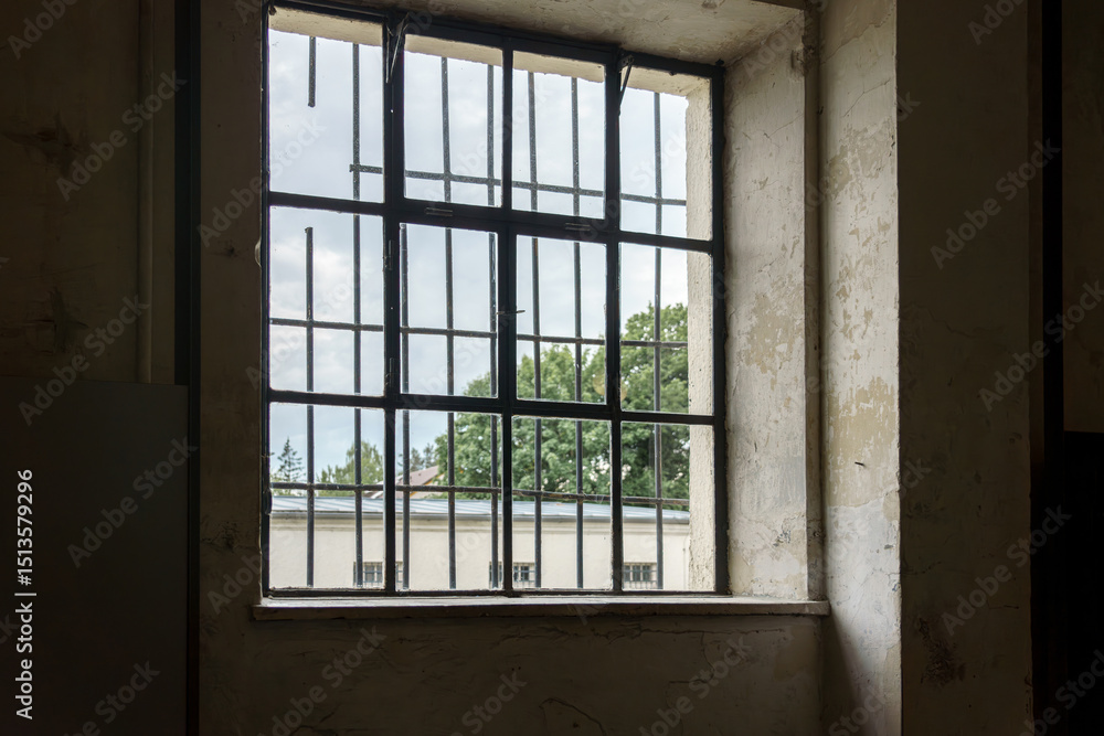 Fototapeta premium Window with bars overlooking a historic building surrounded by trees on a cloudy day