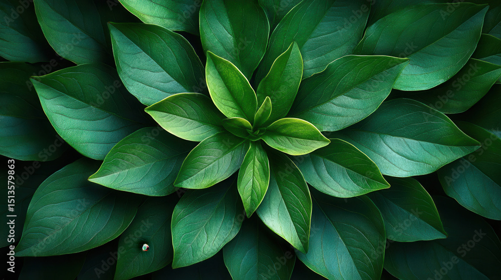 Fototapeta premium Top Down View of Tropical Green Leaves Arranged in Abstract Design