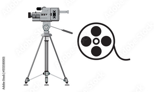 Vintage camera with outline. 35 mm retro film photo camera. Photography studio concept. DSLR big lens. Mirrorless photo device with old look. T shirt design element. Vector illustration,flat, clip art
