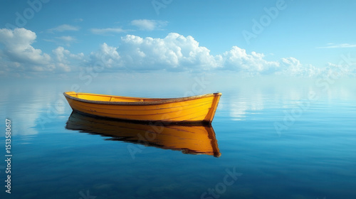 yellow rowboat floating on calm mirror-like water