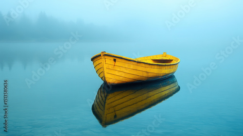 yellow rowboat floating on calm mirror-like water