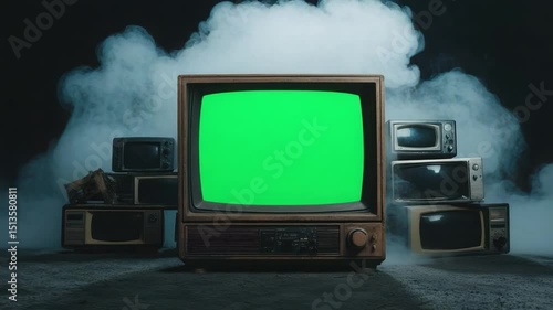 Wallpaper Mural Vintage Television Set Surrounded by Old Televisions Against a Dark Background with Green Screen Effect Torontodigital.ca
